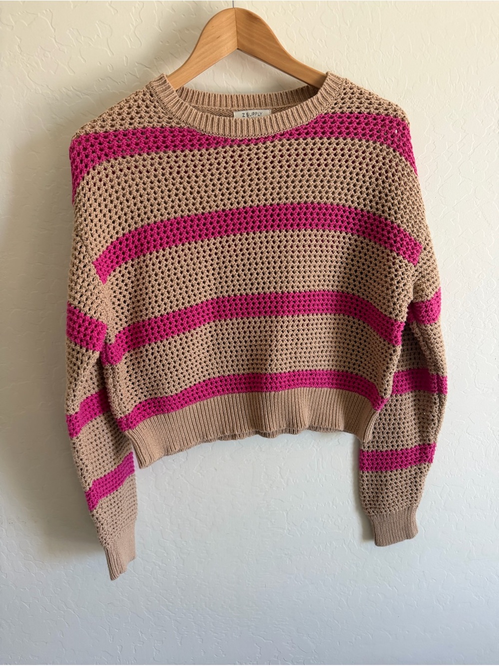 Z SUPPLY Open Knit Cropped Striped Sweater Beige Hot Pink - Size Medium